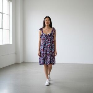 Marc Jacobs Womens 100% Silk Abstract Tie Shoulder Mini Dress Blue Red Sz 8